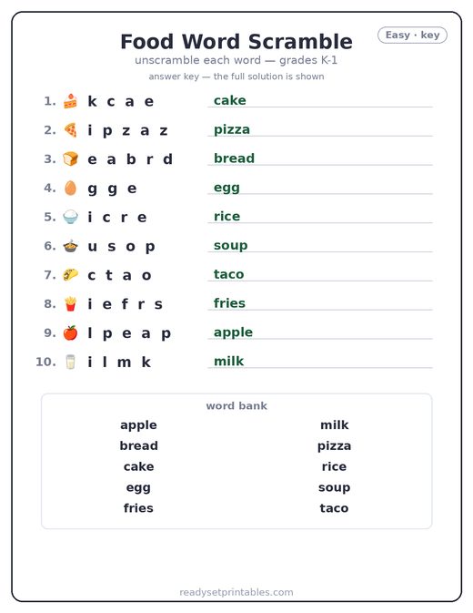 Food word scramble puzzle, easy answer key — free printable