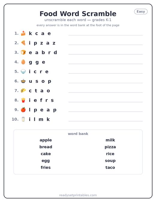 Food Word Scrambles