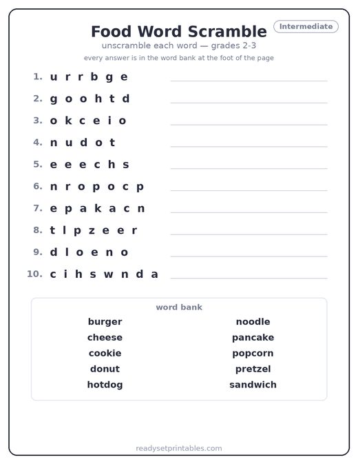 Food word scramble puzzle, intermediate — free printable