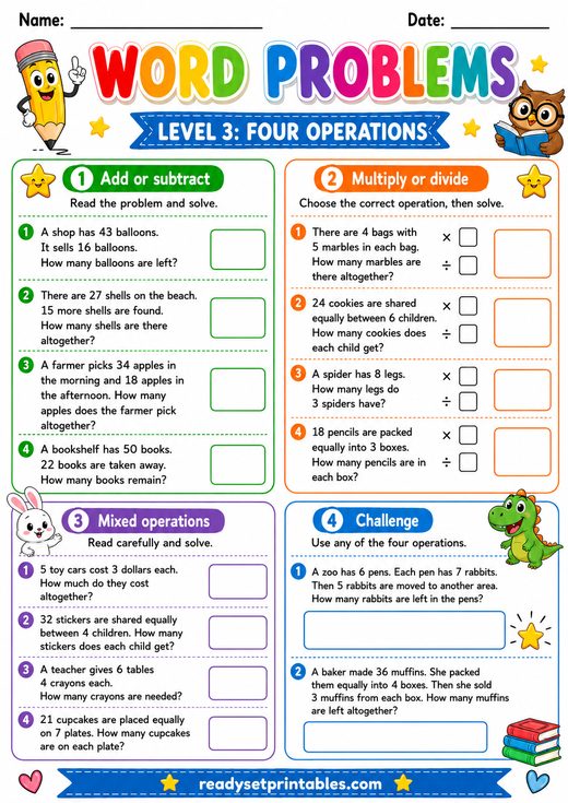 Four Operations Word Problems Worksheet — printable Word Problems math worksheet