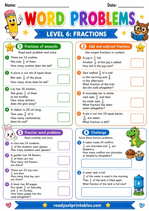 Fraction Word Problems Worksheet — printable Word Problems math worksheet