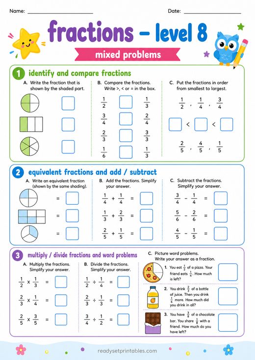 Fractions Mixed Problems Worksheet — printable Fractions math worksheet