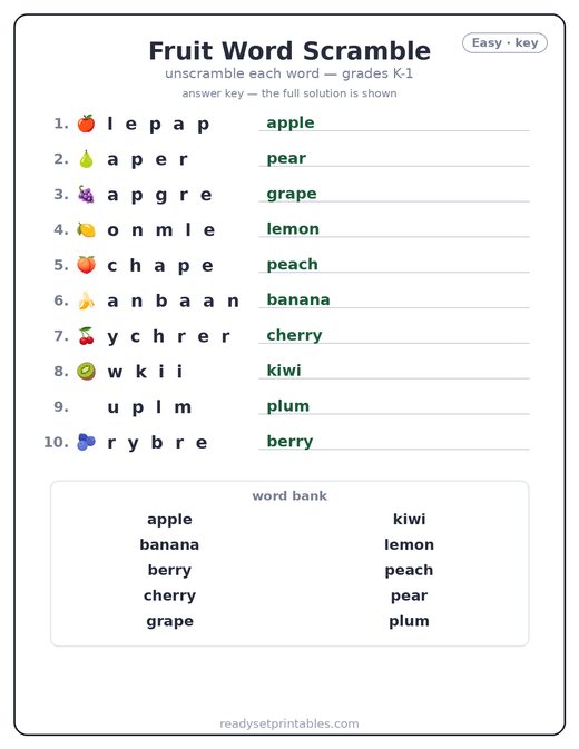 Fruit word scramble puzzle, easy answer key — free printable