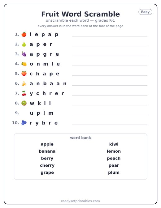 Fruit Word Scrambles
