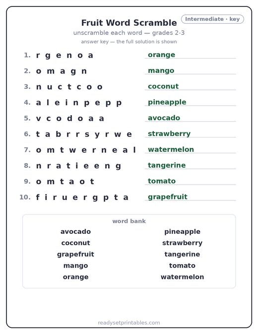 Fruit word scramble puzzle, intermediate answer key — free printable