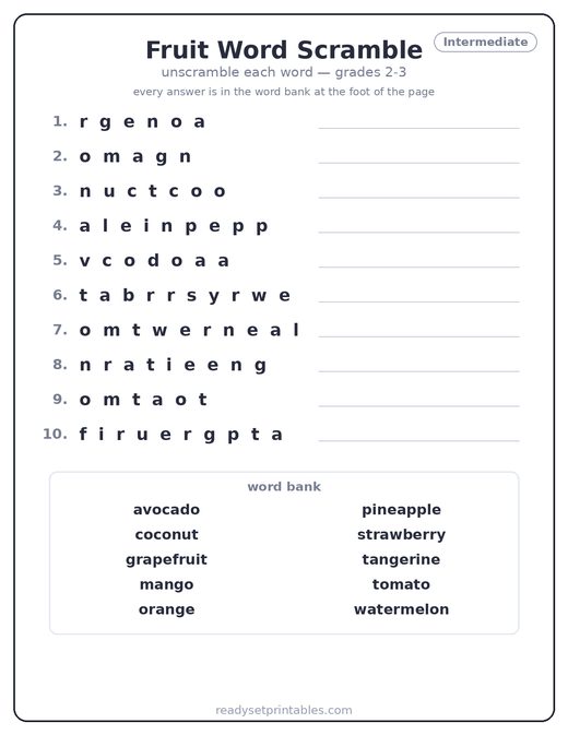 Fruit word scramble puzzle, intermediate — free printable