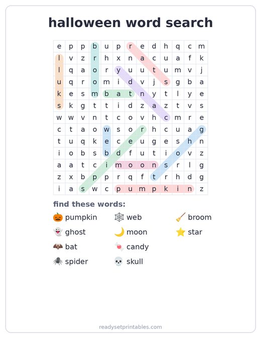 Halloween word search answer key — free printable for kids