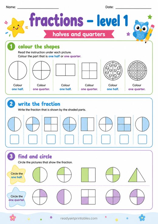 Halves and Quarters Fractions Worksheet — printable Fractions math worksheet