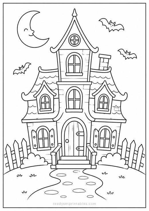 haunted house coloring page — free printable coloring sheet for kids