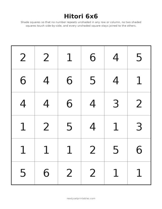 Hitori Puzzles — 6x6