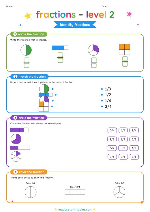 Identifying Fractions Worksheet — printable Fractions math worksheet
