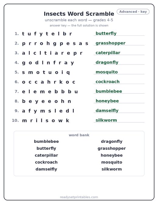 Insects word scramble puzzle, advanced answer key — free printable