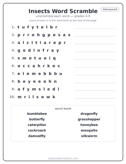 Insects word scramble puzzle, advanced — free printable