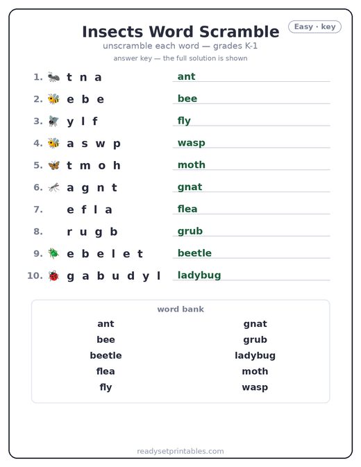 Insects word scramble puzzle, easy answer key — free printable
