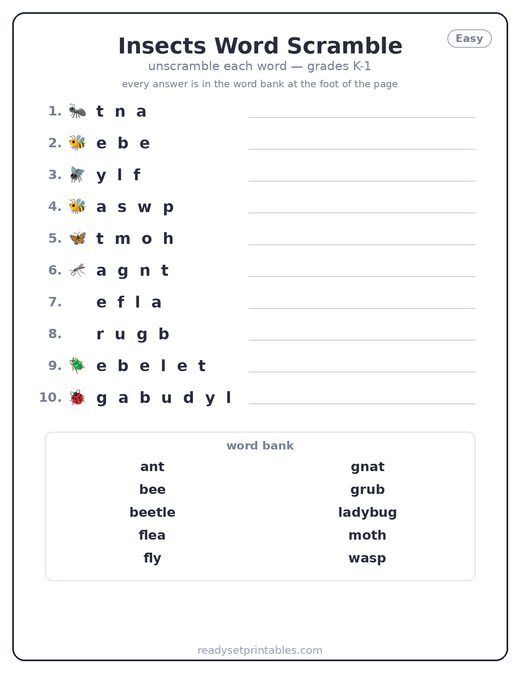 Insects Word Scrambles