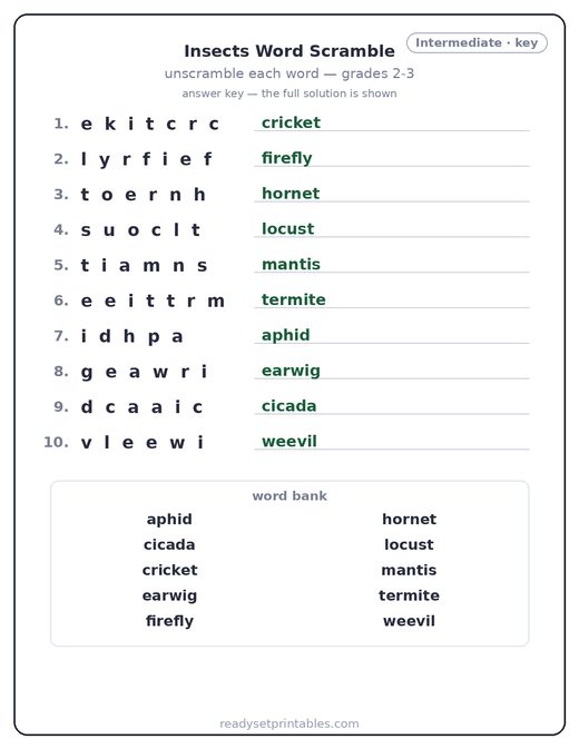 Insects word scramble puzzle, intermediate answer key — free printable