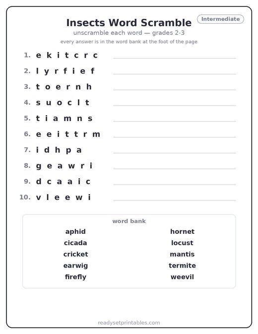 Insects word scramble puzzle, intermediate — free printable
