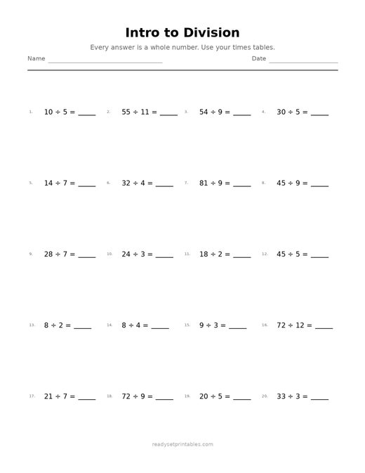 Intro to Division 02 — printable Division math worksheet