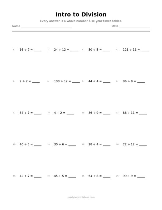 Intro to Division 04 — printable Division math worksheet