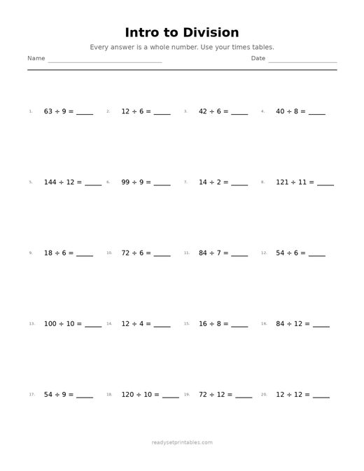 Intro to Division 05 — printable Division math worksheet