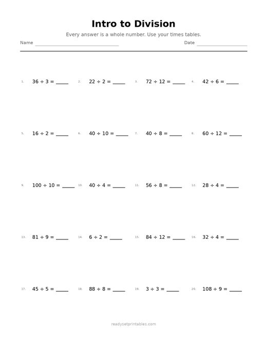 Intro to Division 06 — printable Division math worksheet