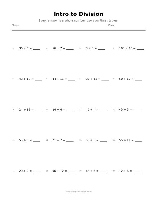 Intro to Division 07 — printable Division math worksheet
