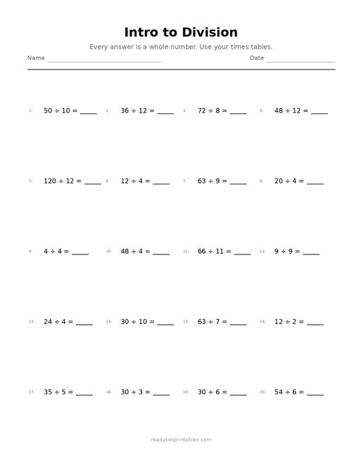 Intro to Division 08 — printable Division math worksheet