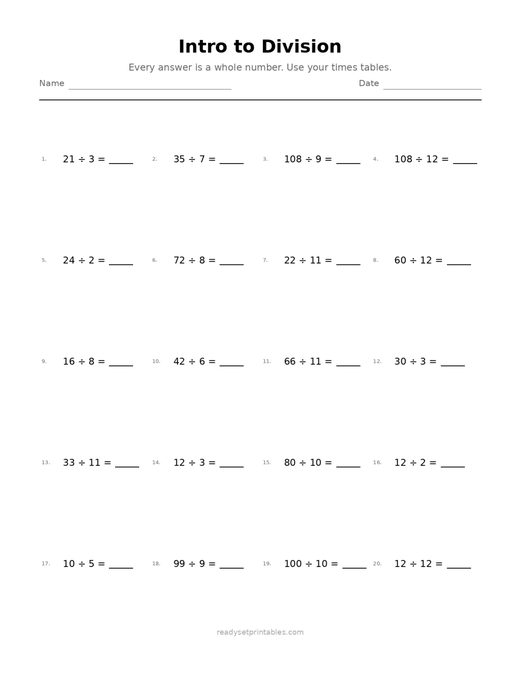 Intro to Division 09 — printable Division math worksheet