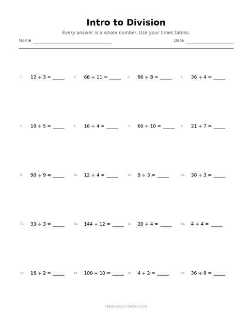 Intro to Division 10 — printable Division math worksheet