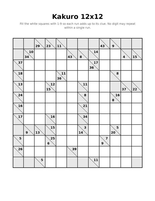 Kakuro Puzzles — 12x12