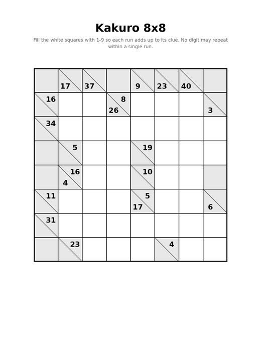 Kakuro Puzzles — 8x8