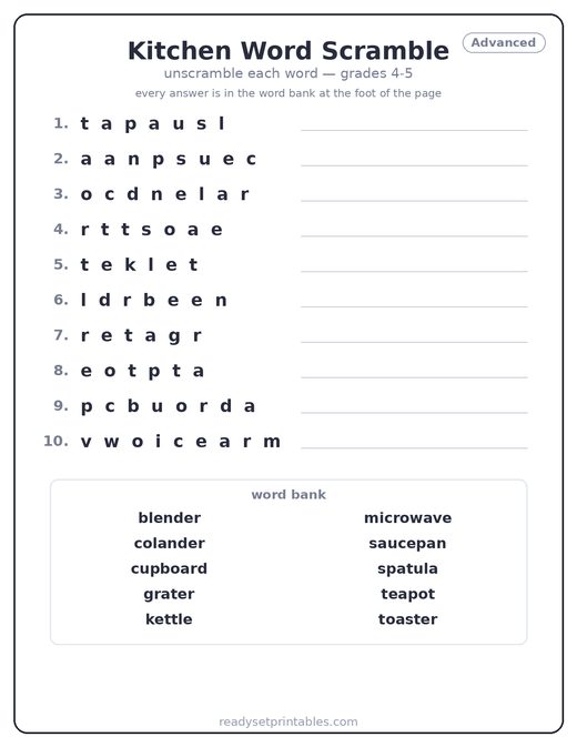 Kitchen Word Scrambles