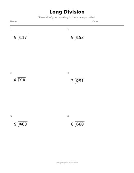 Long Division 03 — printable Division math worksheet