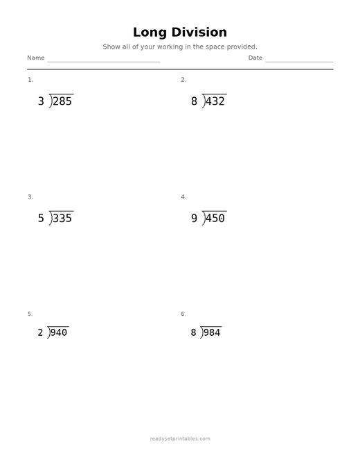 Long Division 04 — printable Division math worksheet