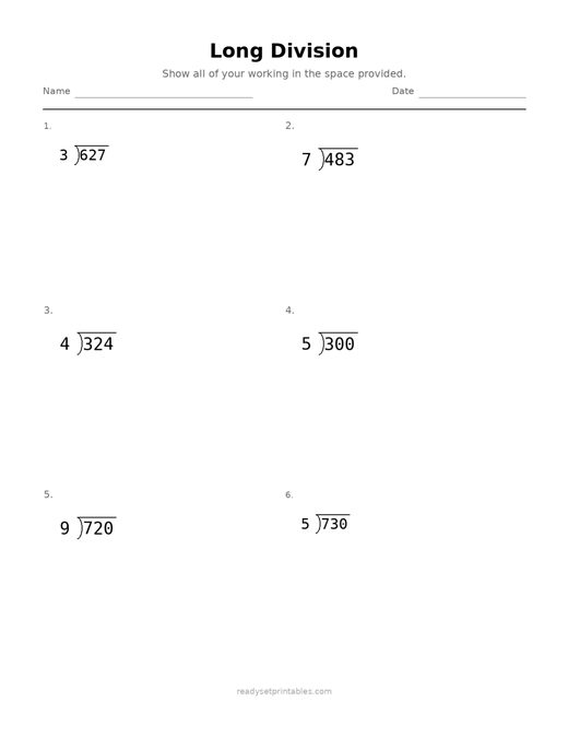 Long Division 05 — printable Division math worksheet