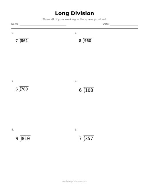 Long Division 06 — printable Division math worksheet