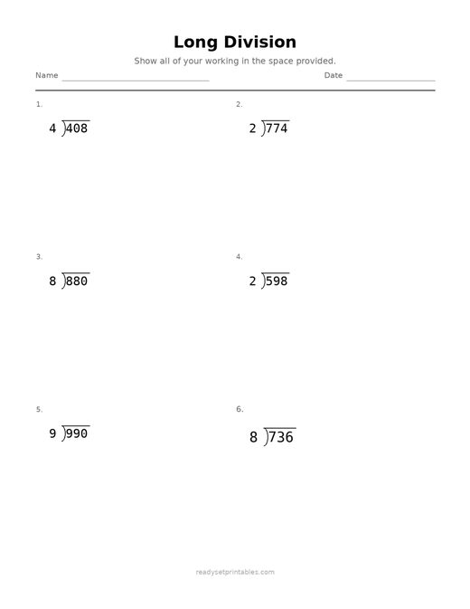 Long Division 07 — printable Division math worksheet