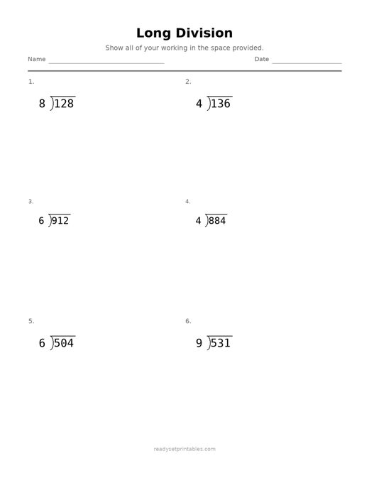 Long Division 08 — printable Division math worksheet