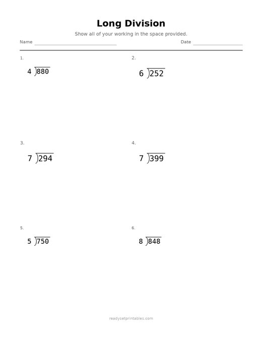 Long Division 09 — printable Division math worksheet