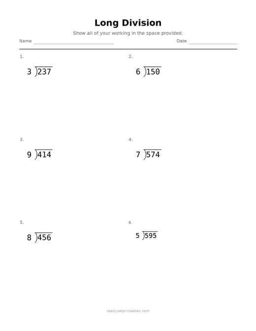Long Division 10 — printable Division math worksheet