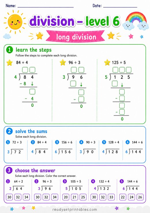 Long Division Worksheet — printable Division math worksheet
