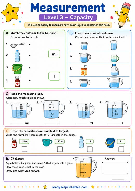 Measuring Capacity Worksheet — printable Measurement math worksheet