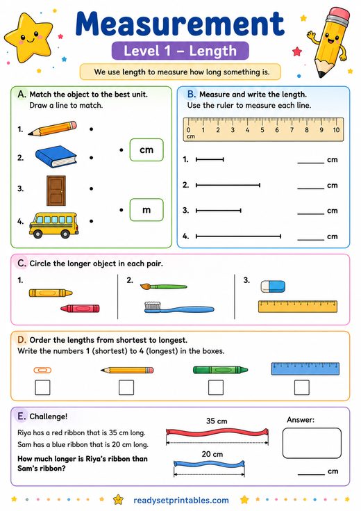 Measuring Length Worksheet — printable Measurement math worksheet