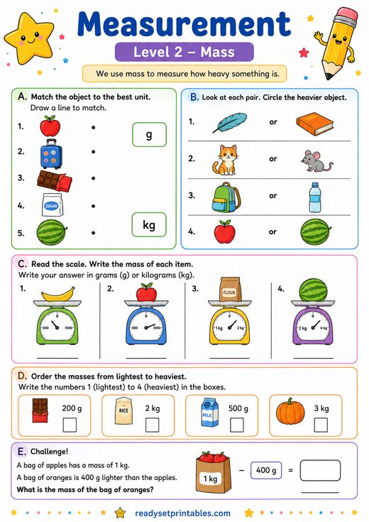 Measuring Mass Worksheet — printable Measurement math worksheet