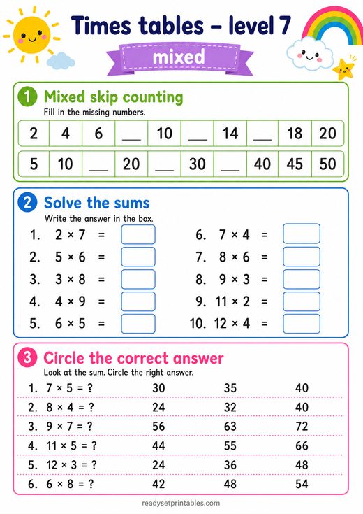 Mixed Times Tables Worksheet — printable Times Tables math worksheet