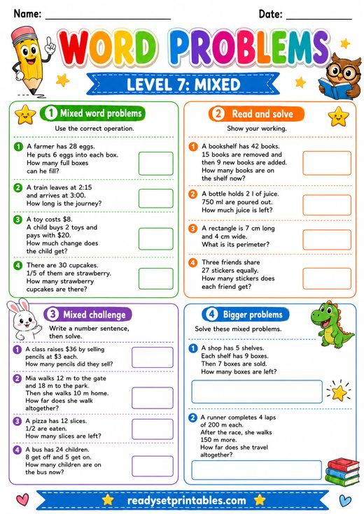 Mixed Word Problems Worksheet — printable Word Problems math worksheet
