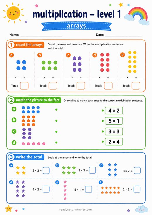 Multiplication Arrays Worksheet — printable Multiplication math worksheet