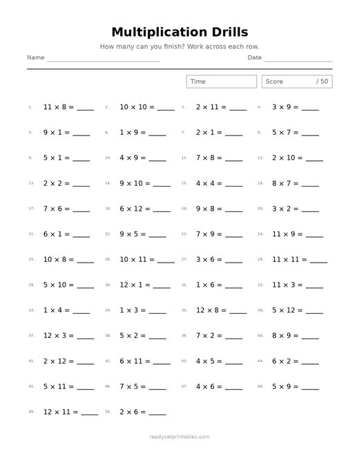 Multiplication Drills 02 — printable Multiplication math worksheet
