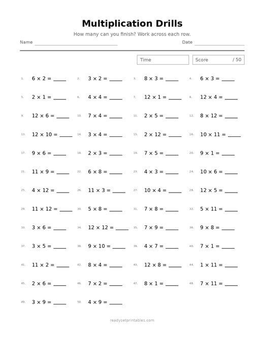 Multiplication Drills 03 — printable Multiplication math worksheet
