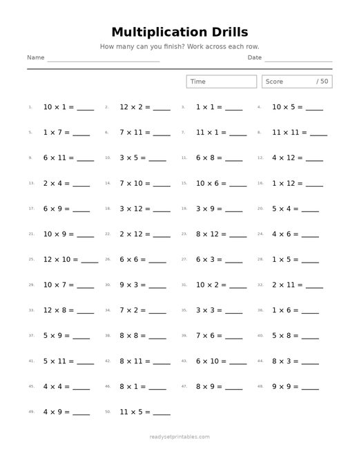 Multiplication Drills 04 — printable Multiplication math worksheet